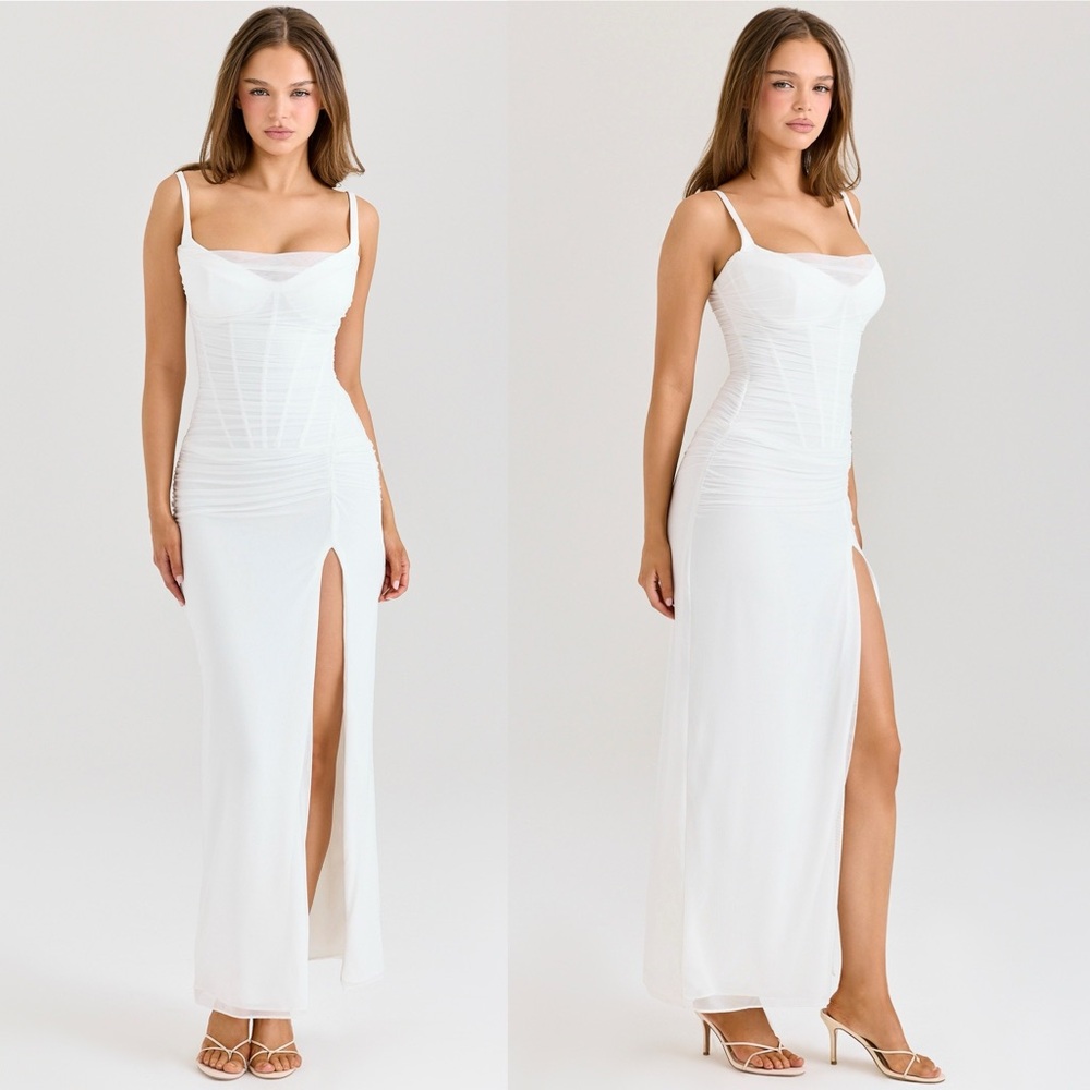 HOUSE OF CB Lini White Mesh Maxi Dress white ruched size L regular cup A-C NWOT - Picture 4 of 17